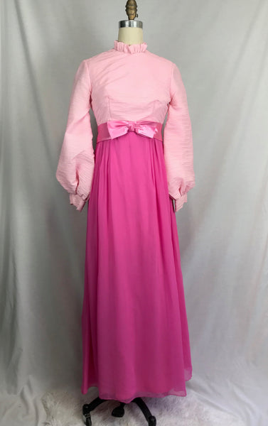 Vintage 60s 70s | Groovy Pink Balloon Sleeve Empire Waist Mod Maxi Dress | XS
