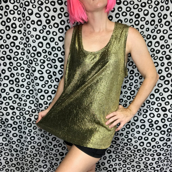 Vintage 80s | Glam Metallic Liquid Gold Shiny Disco Party Blouse Tank Top | L