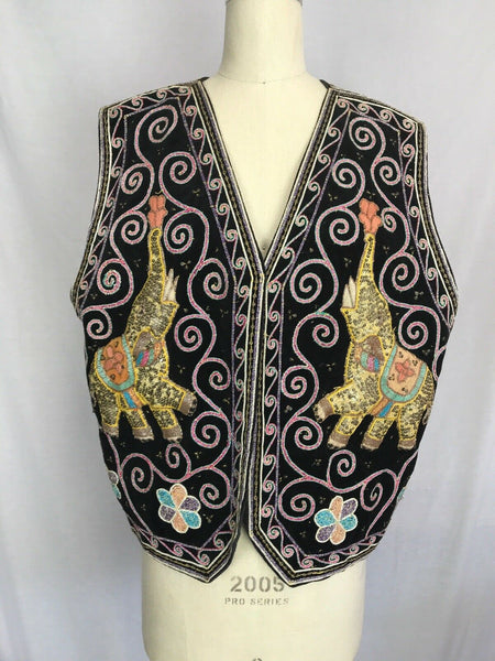 VTG Vintage 70s Boho Hippie Metallic Embroidery Beaded Elephant Festival Vest