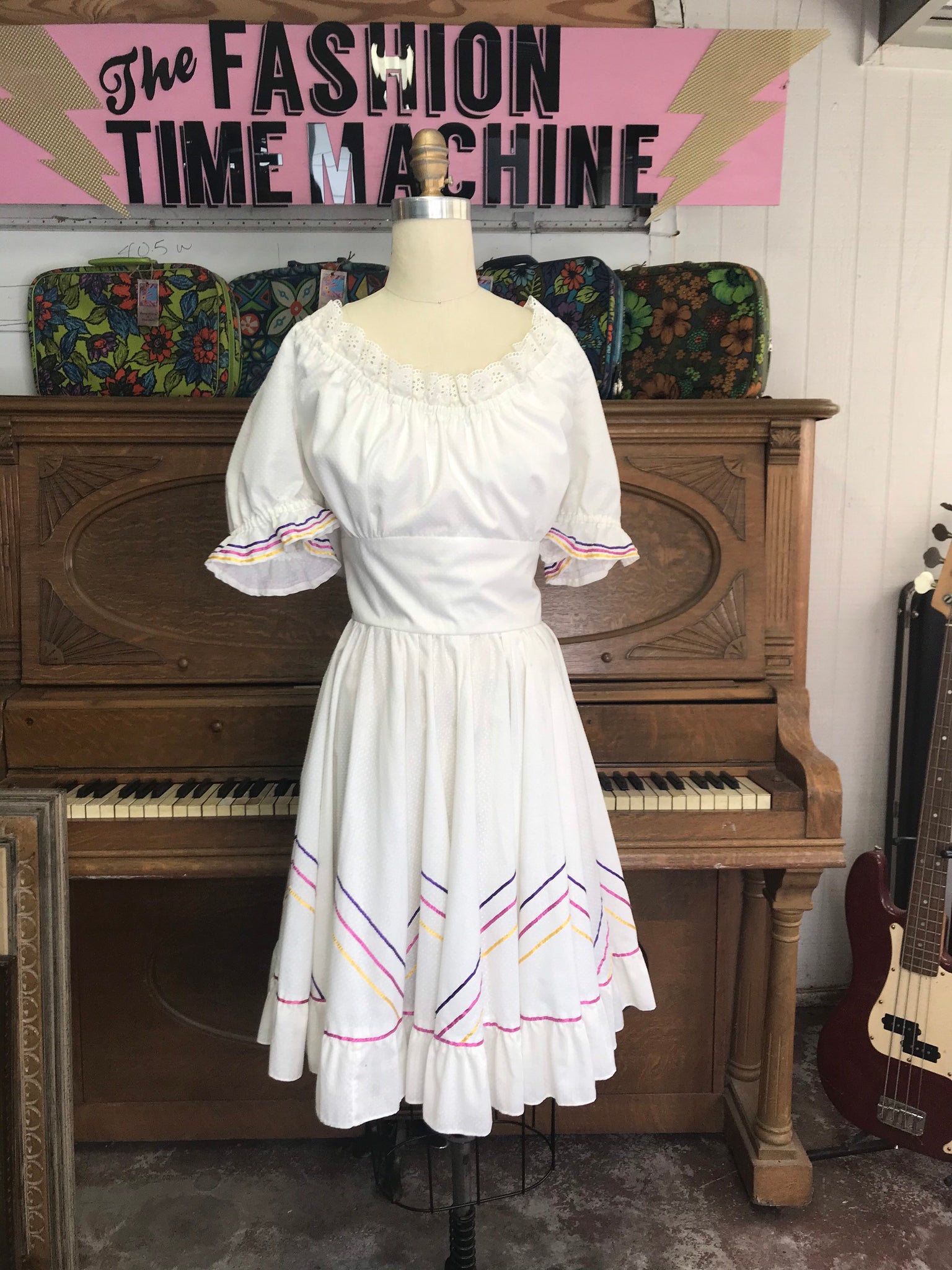 VTG Mexican Prairie Square Dancing Dress Fit and Flare Pinup Cotton Swing XL