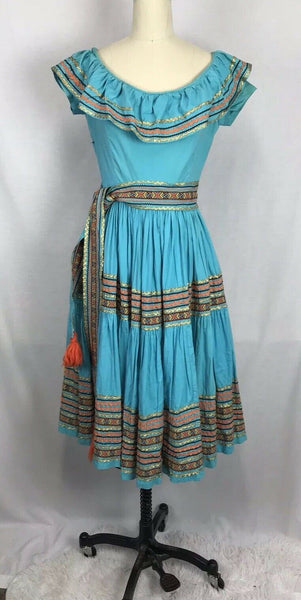 Vintage 40s Patio Squaw Dress Blue Cotton Ric Rac Gold Trim Pinup Swing 1940s