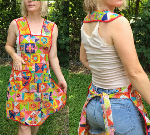 Vintage 1970s | Patchwork Hippie Boho Smock Pinafore Dress Apron | Free Size