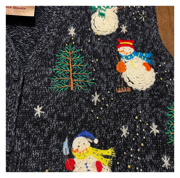Vintage 80s 90s | Blue Snowman Hand Knit Tacky Ugly Christmas Sweater Vest | S
