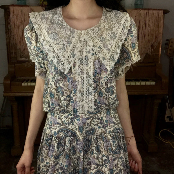 Vintage Prairie Dress Edwardian Lolita Gunne Sax Style Babydoll Floral Lace S/M