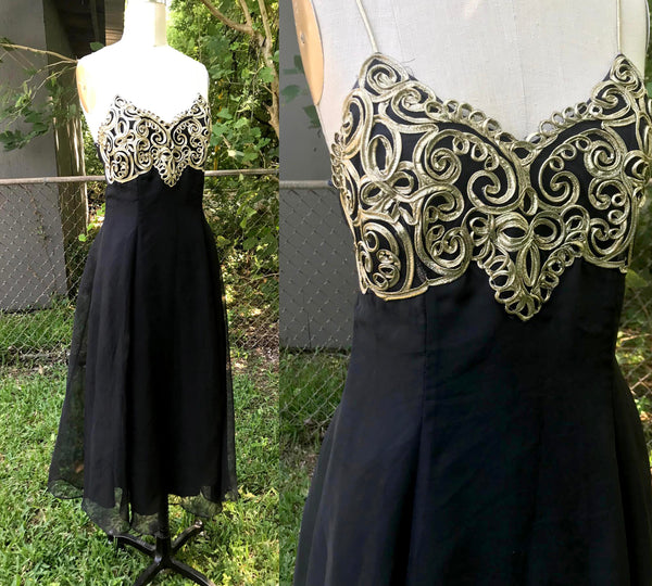 VTG 90s | Black Gold Mini Dress Grunge Slip Empire Formal Party Formal Prom | S