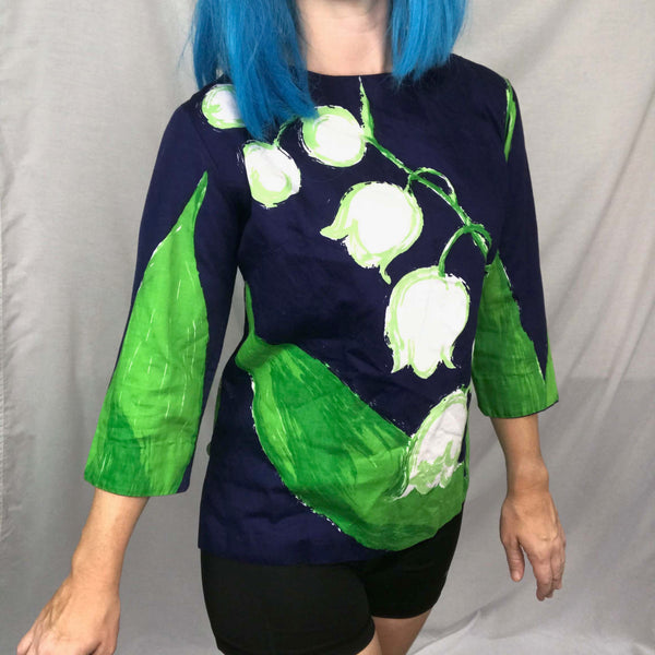 VTG 50s 60s | MOD Watercolor Art Psychedelic Floral Shirt Blouse Crop Top | M