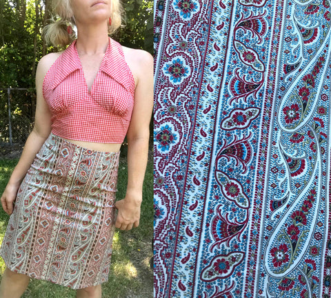 Vintage 90s does 70s Groovy Boho Hippie Paisley High Waisted Pencil Skirt Size S