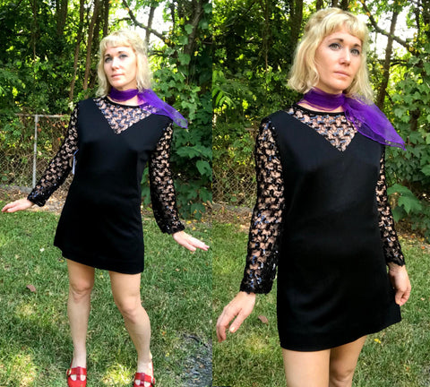 Vintage 1960s 70s | Black Sequin Groovy GoGo Disco Mod Party Mini Dress | S M