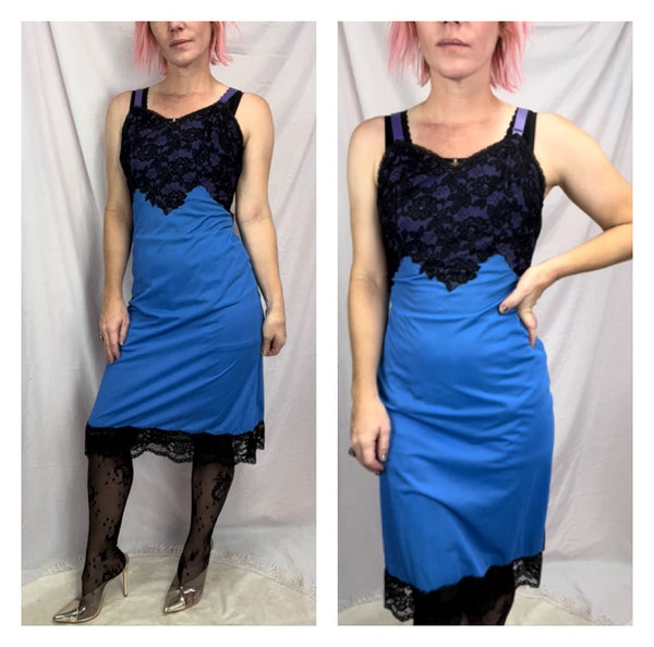 Vintage 1950s 60s | Blue with Black Lace Lingerie Pin up Slip | S