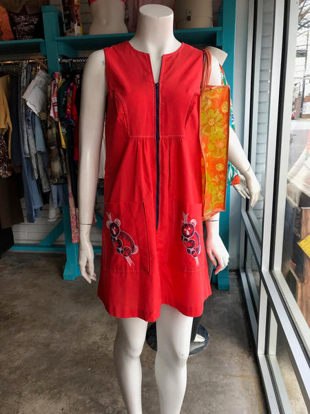 Vintage 60s | Gilead Embroidered Smock Mini MOD Scooter Zip Up GoGo Dress | S/M