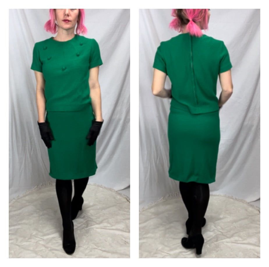 Vintage 60s | MOD 2 Piece Green Skirt Set | Size Small