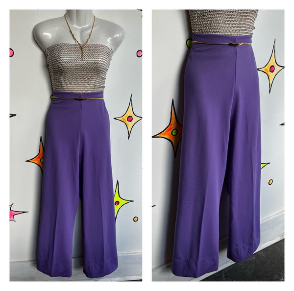 Vintage 1970s | 70s Purple Groovy Disco Wide Leg Polyester Bells | L