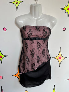 Vintage 90s Y2K | Rave Pink and Black Lace Romantic Goth Bustier Tube Top | Small