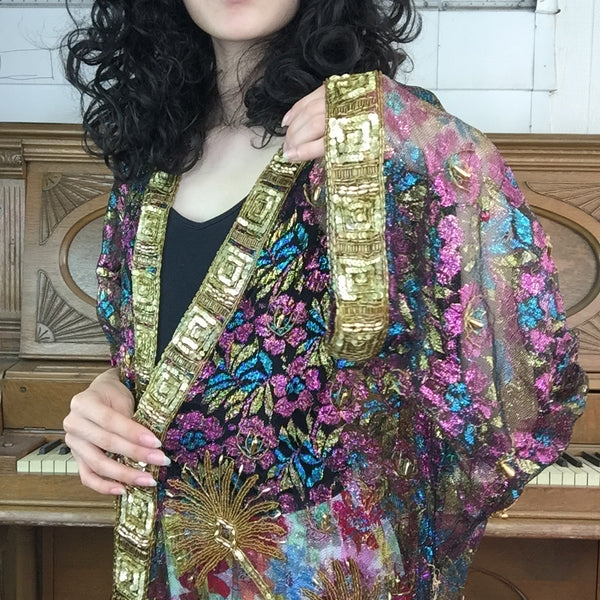 Vintage | Metallic Lace Sequined Beaded Boho Embellished Sheer Kimono | Size M