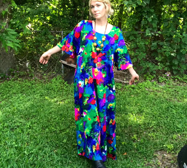 Vintage 70s | Caftan Kaftan Muumuu Boho Hippie Gown Summer Dress | Free Size