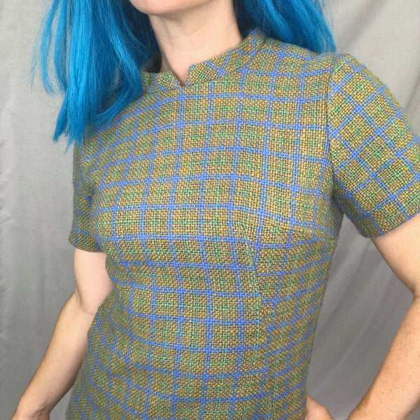 Vintage 60s | MOD A Line Mock Neck Plaid Groovy GoGo Boho Hippie Mini Dress | S